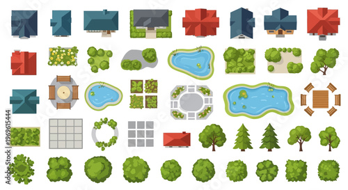 Aerial view collection of buildings trees ponds and garden elements