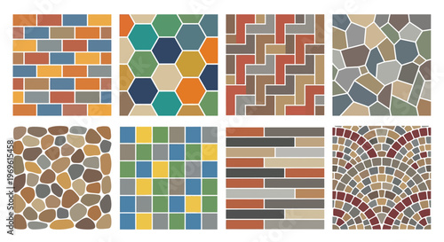 A collection of nine patterned tile arrangements in various colors