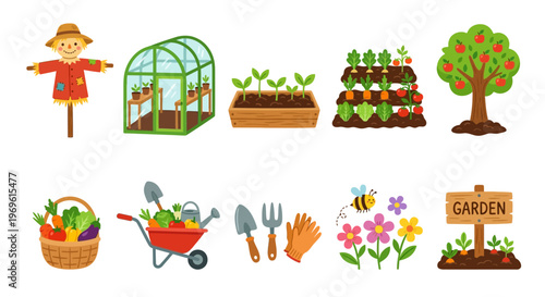 A colorful illustration depicting various elements of gardening and harvest