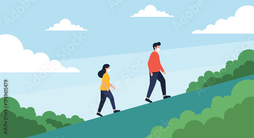 Young couple wearing protective face masks enjoys a healthy walk together in a lush green park during the global pandemic.