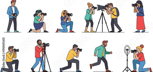 Photographers characters set with cameras, professional photography people collection, studio and outdoor shooting poses, creative media concept, photo session illustration