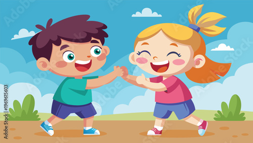 Children playing together in a park on a sunny day, smiling and having fun with friends in the background