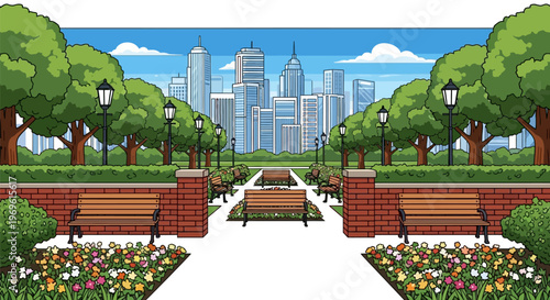 A vibrant cityscape view from a lush green park pathway