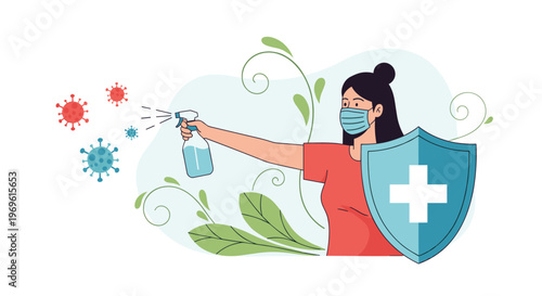 Brave woman wearing a medical mask holds a protective shield while spraying disinfectant at harmful virus particles in the air.