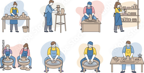 Pottery artisans creating handmade ceramics in workshop, clay shaping process, ceramic artists working on wheel and sculpting tools, detailed traditional