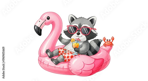 A raccoon relaxes on a pink flamingo float with a tropical drink