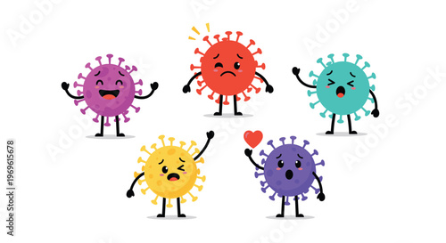 Collection of colorful cartoon virus characters with various funny facial expressions designed to educate children about germs.