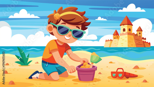 Child plays at beach building sandcastle with bucket and toys near castle under blue sky and clouds