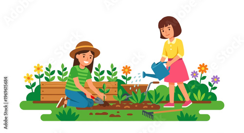 Two young women happily gardening together amongst colorful flowers