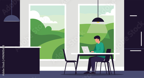 Remote worker using a laptop at a white kitchen table with a scenic view of green hills through large modern windows.