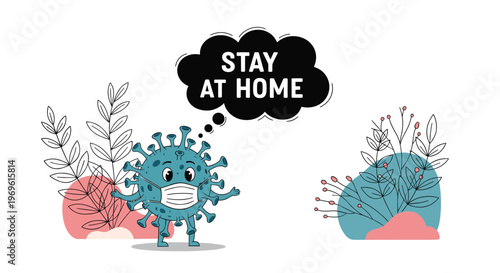 Cute blue virus character wearing a white medical mask thinks about staying at home to protect others during a health crisis.