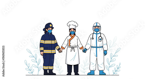 Essential workers including a firefighter a chef and a nurse wear masks while holding hands to show unity and strength.