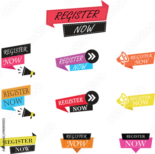 Register now icon set collection group featuring signup button symbol user account creation interface web app ui click join form registration digital access design flat modern concept.