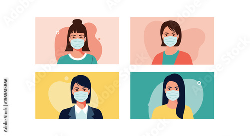 Set of four diverse female portraits wearing protective masks displayed in colorful rectangular frames for health awareness.