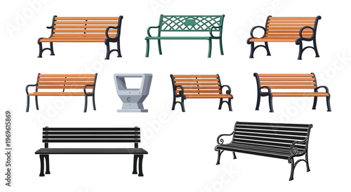Collection of park benches and a drinking fountain illustration