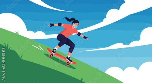 Active young woman wearing a mask and safety pads enjoys skateboarding down a grassy green hill under a bright blue sky.