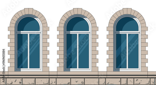 Architectural detail showing three elegant arched windows with blue glass set in a classic stone building facade under sunlight.