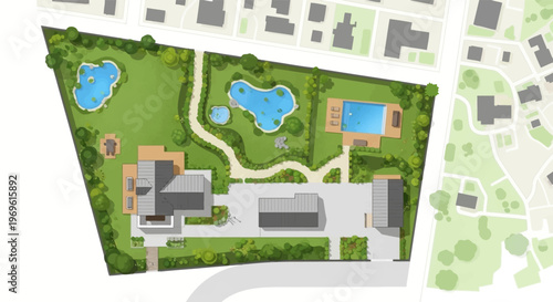 Aerial view of a luxury estate featuring houses pools and landscaping