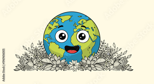 Cheerful cartoon globe peeking out from a dense bed of flowers and plants symbolizing environmental care and global happiness.