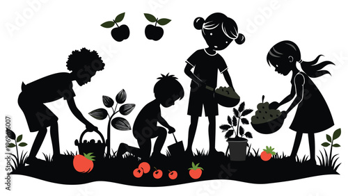 Children work together to grow vegetables and fruits in a community garden during a sunny afternoon in the spring season