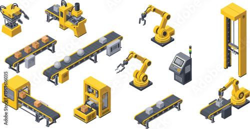 Smart factory automation with robotic arms and conveyor belts, industrial manufacturing system, production line machinery, modern technology illustration set