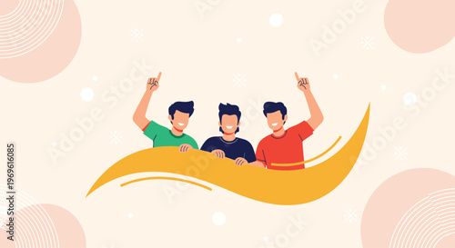 Three joyful men celebrate together behind a bright orange flowing wave graphic on a soft pink background with white dots.