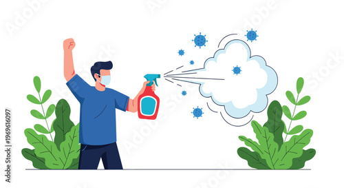 Responsible man wearing a face mask uses a spray bottle to clean the air and eliminate virus particles near green plants.