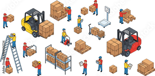 Warehouse logistics operations set, workers handling boxes with forklift and pallet jack, storage and inventory process, supply chain workflow, industrial delivery
