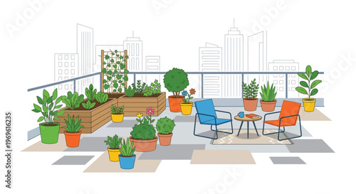 A vibrant rooftop garden with furniture and a city skyline backdrop
