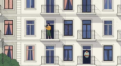 Urban apartment building facade showing various neighbors standing on their balconies while staying at home during quarantine.