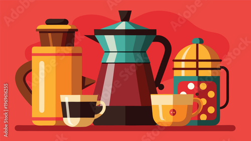 Various coffee makers and cups arranged on a bright red background showing different brewing methods and types of coffee at a coffee gathering
