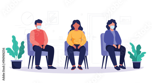 People wearing protective face masks sit in a clean waiting room while maintaining proper social distancing for health safety.
