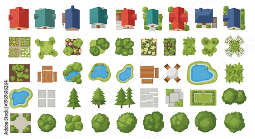 Aerial view collection of buildings trees and landscape elements