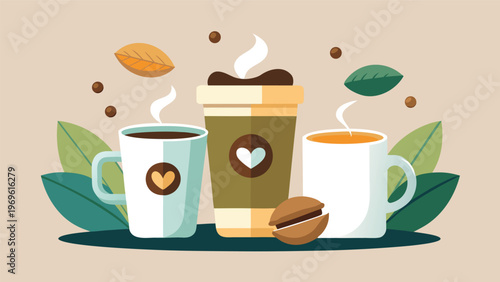 Coffee cups with steam and leaves arranged on a simple background in an illustrated style during a cozy setting