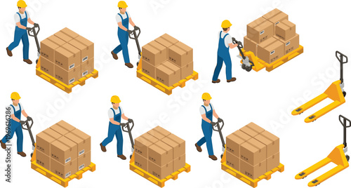 Warehouse worker with pallet jack, manual material handling and cargo transport process, logistics packaging boxes movement, industrial storage operations, supply chain