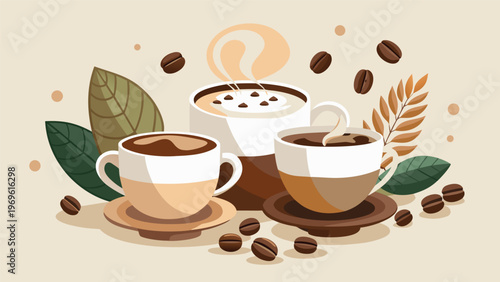 Coffee cups with beans and leaves on a light background in a simple and colorful design during daytime