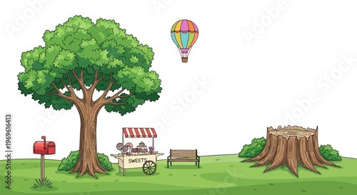 Cartoon scene depicting a park with a tree balloon and small vendor
