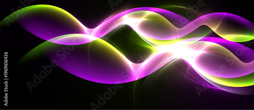 Abstract waves, vibrant colors, flowing forms. Bright light contrasts dark background, creating dynamic visual effect.