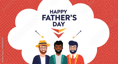 Diverse group of smiling fathers of different ethnicities celebrated with a happy father's day message on a cloud background.