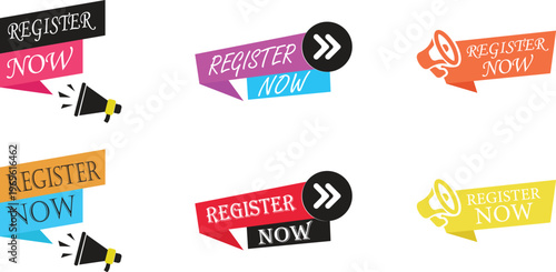 Register now icon set collection group featuring signup button symbol user account creation interface web app ui click join form registration digital access design flat modern concept.