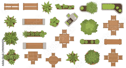 Overhead view of various garden furniture and landscaping elements