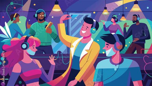 People enjoy a lively event at a modern venue while wearing headphones and dancing to music late at night