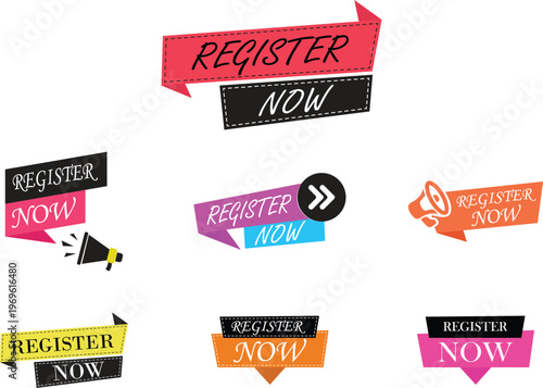 Register now icon set collection group featuring signup button symbol user account creation interface web app ui click join form registration digital access design flat modern concept.