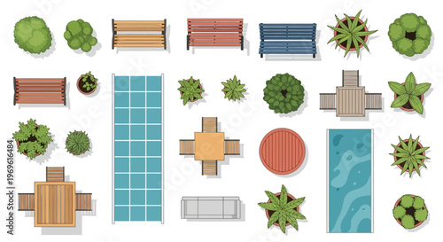 Aerial view of a park with trees benches and water features