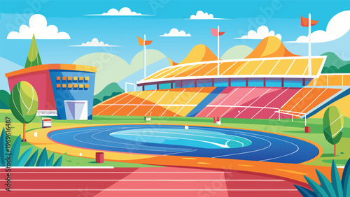 Track and field event takes place in a colorful stadium surrounded by hills and clear skies