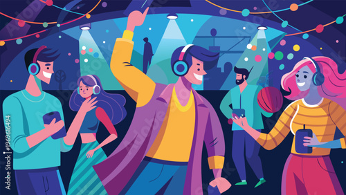 Group of friends enjoying a fun night at a lively dance party with music and colorful lights