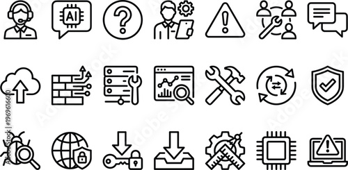 AI Support and Cybersecurity Icons Set Featuring Tech Support, Data Protection, System Maintenance, and Troubleshooting Tools for Websites, Apps, and Digital Media Designs