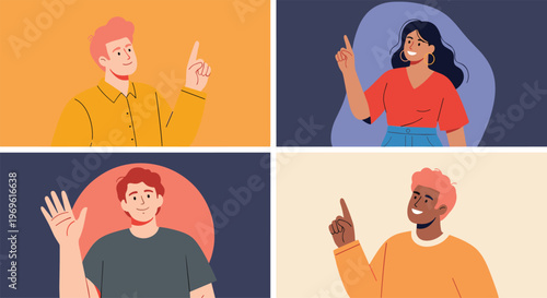 Composite image of four diverse young men and women in separate colorful squares expressing joy and pointing toward ideas.