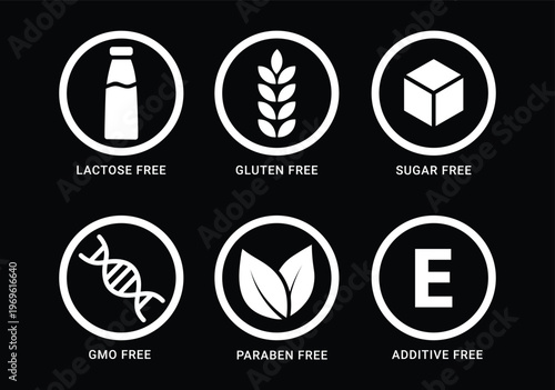 "Free From Product Label Icons Set – Vector Symbols for Lactose Free, Gluten Free, Sugar Free, GMO Free, Paraben Free, Additive Free – Clean Food and Cosmetic Packaging Icons for Healthy Lifestyle, Al