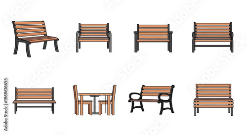 Collection of outdoor furniture benches and tables in a linear arrangement